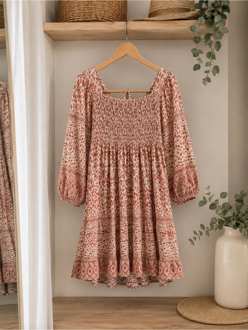 Umgee Boho Western Smocked Dress M | Rust Animal‎ Print